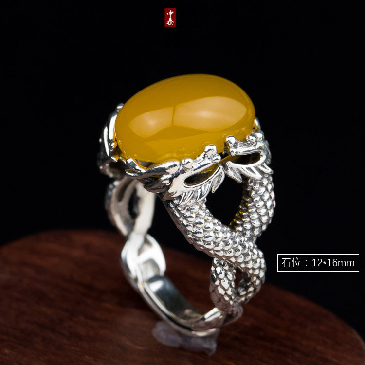 纯银戒托双龙S925银活口戒指托空托琥珀蜜蜡男款戒面12*16 13*18
