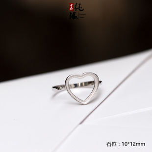 925银纯银爱心戒指托空戒托琥珀蜜蜡镶嵌宝石DIY女开口包邮10*12