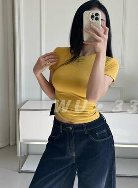 wu33春夏新款2026韩版纯色百搭t恤女短袖紧身性感垫肩小衫上衣潮