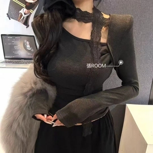 张ROOM设计感斜领蕾丝拼接飘带打底衫 显瘦掐腰垫肩加绒上衣 女修身