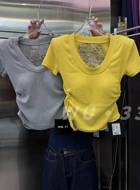 wu33辣妹拼接蕾丝镂空露背短袖T恤女带胸垫抽褶修身显瘦短款上衣