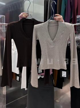 wu33冬新款韩版V领长袖修身显瘦打底衫明线收腰垫肩T恤女羊绒上衣