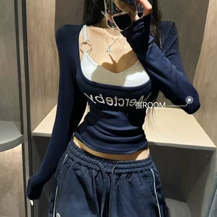 RX新款 显瘦撞色拼接假两件上衣 2025性感U领字母印花长袖 T恤女修身