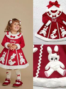 ST日系贵牌女童儿童装小兔子红色长袖连衣裙毛绒圣诞服装秋冬