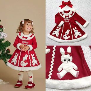 ST日系贵牌女童儿童装小兔子红色长袖连衣裙毛绒圣诞服装秋冬