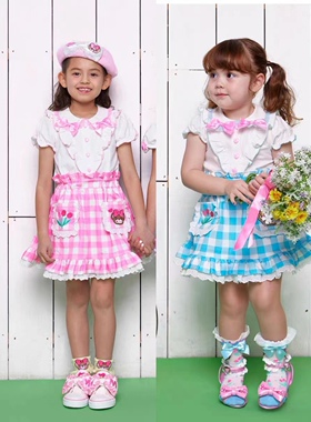 现货 earthmagic em 夏季潮牌女童可爱卡通格子拼接爱心连衣裙