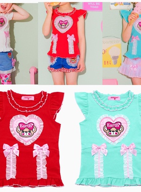 earthmagic EM 夏季女童花边爱心刺绣小熊无袖T恤儿童印花上衣
