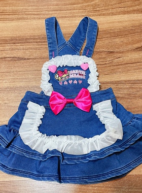 现货 earthmagic 同款em女童装花边蝴蝶结卡通小熊软牛仔背带裙子