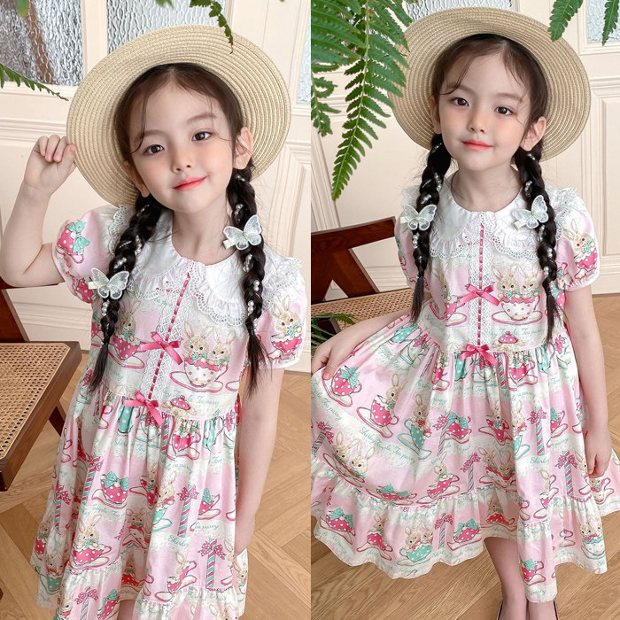 现货 shirley temple st女童装茶杯兔印花蕾丝娃娃领公主裙连衣裙