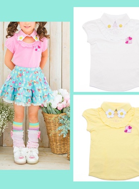 现货 earthmagic EM 夏女童日系翻领花朵甜美童装短袖纯棉T恤上衣