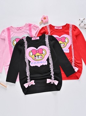 现货 earthmagic em 女童装卡通爱心熊春秋纯棉花边蝴蝶结长袖T恤