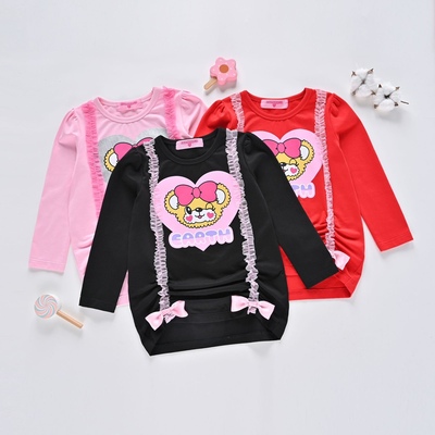 现货 earthmagic em 女童装卡通爱心熊春秋纯棉花边蝴蝶结长袖T恤