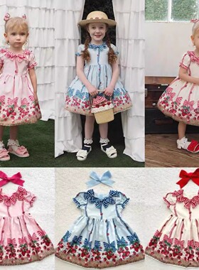 现货ST同款高定儿童装女童蝴蝶结领竹篮草莓连衣裙日系夏装公主裙