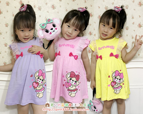 现货三色蝴蝶结花边袖连衣裙子