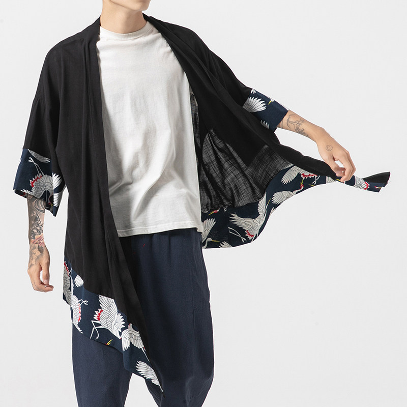 夏风中长款棉麻风衣汉服道袍仙鹤日系大码披风防晒服F10/P65,男装风衣,钱塘713