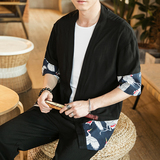 风夏装男士大码拼接七分袖汉服麻本开衫F11P60控78，男装风衣，钱塘713