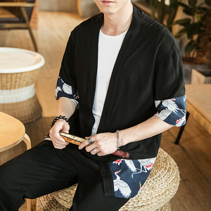 风夏装男士大码拼接七分袖汉服麻本开衫 F11 P60控78图片