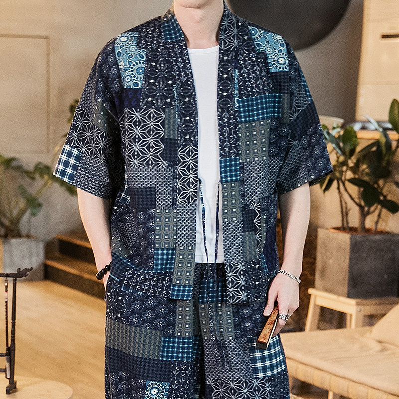 2023夏大码拼接道袍风汉服棉麻落肩五分袖开衫T恤F03/P45,男装风衣,钱塘713
