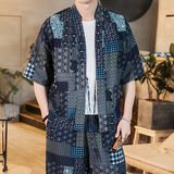 2023夏大码拼接道袍风汉服棉麻落肩五分袖开衫T恤F03/P45，男装风衣，钱塘713