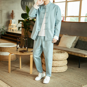 风秋装复古盘扣休闲居士服唐装夹克裤子套装男情侣TZ06/P145,小个子穿搭博主145图片