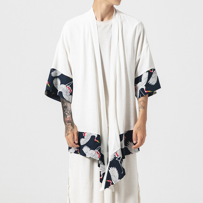 风中长款棉麻风衣汉服道袍仙鹤日系大码披风防晒服男F10/P65,男装风衣,钱塘713