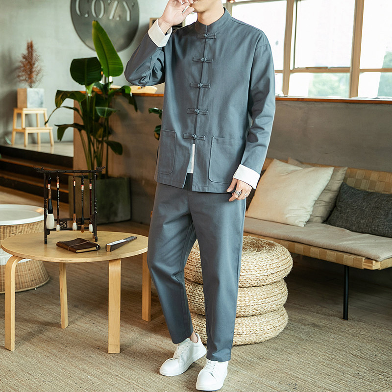 风长袖套装男式唐装古装禅茶服秋季汉服古风情侣TZ06/P145,男装休闲套装,钱塘713