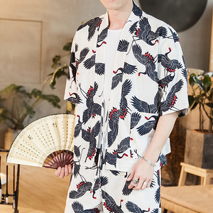 19夏装风男装夏季棉麻仙鹤风衣男防晒衣外套衬衫风衣 F03/P45图片
