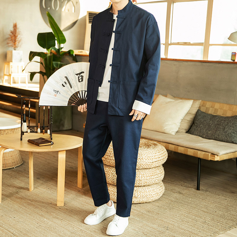 风长袖套装男式唐装古装禅茶服秋季汉服古风情侣TZ06/P145，男装休闲套装，钱塘713