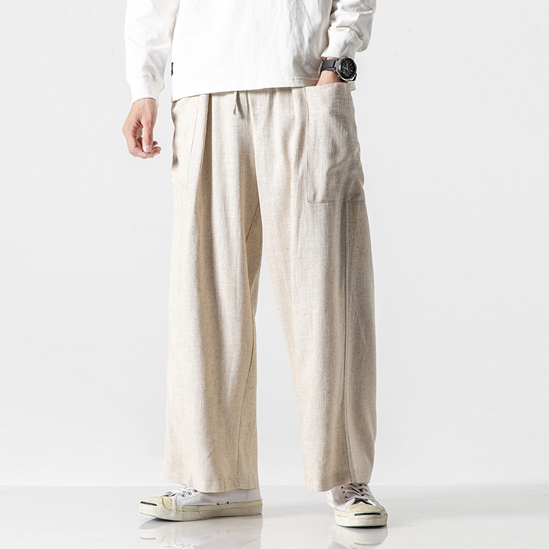 20春夏大码风宽松直筒休闲阔腿裤汉服古风亚麻棉麻裤K79/P75,男装休闲裤,钱塘713