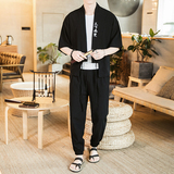 夏季短袖套装男风棉麻亚麻t恤潮休闲两件套道袍风衣TZ05/P100，男装休闲套装，钱塘713