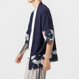 道袍男五分袖开衫男薄款复古日系和服披风道袍防晒服夹克F11/P60，男装风衣，钱塘713