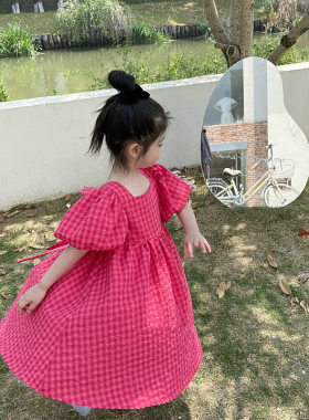 女童裙子泡泡袖格子系带连衣裙公主裙26夏装新款外贸童装代发