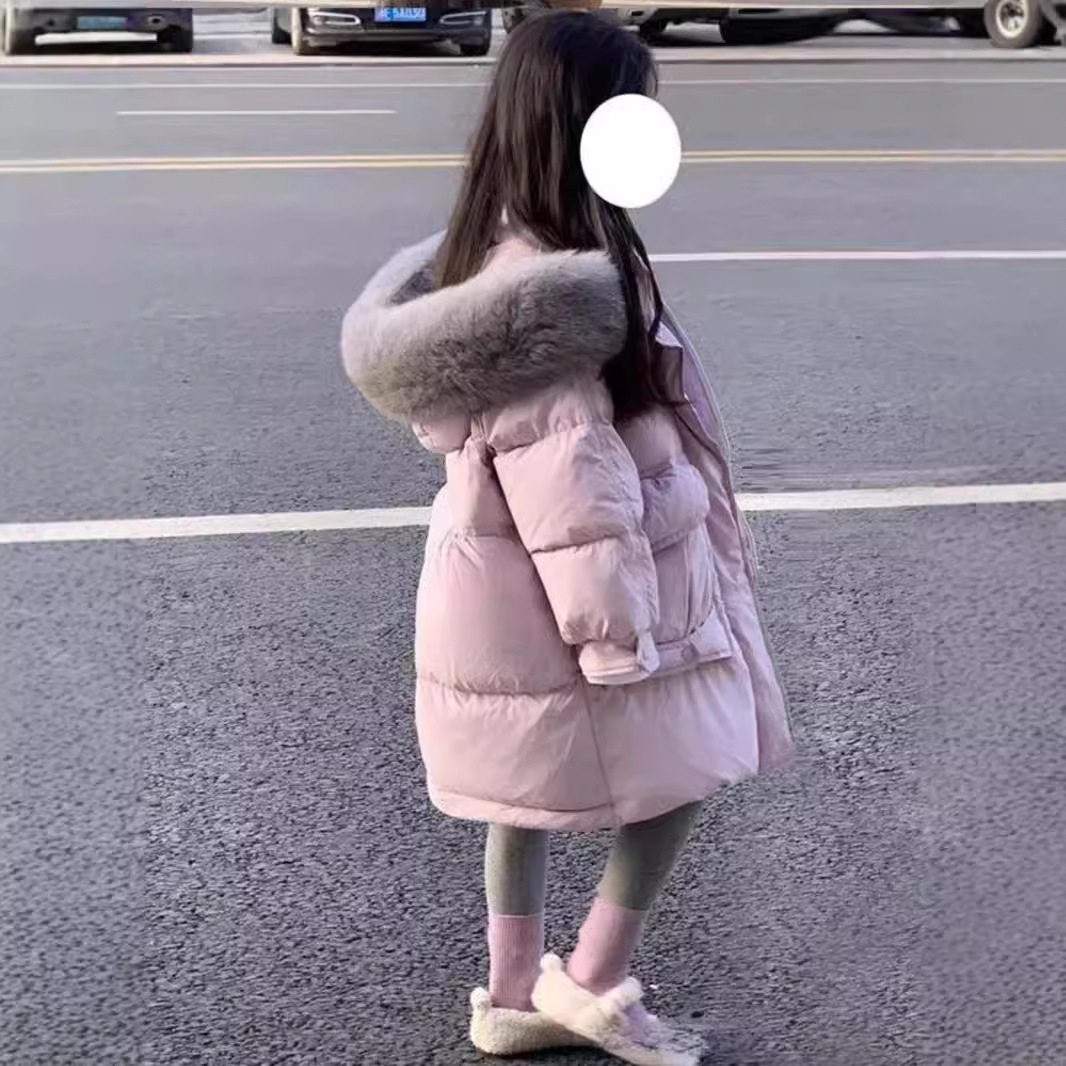 女童洋气大毛领棉袄加厚连帽棉服儿童中长款棉衣2025新款保暖