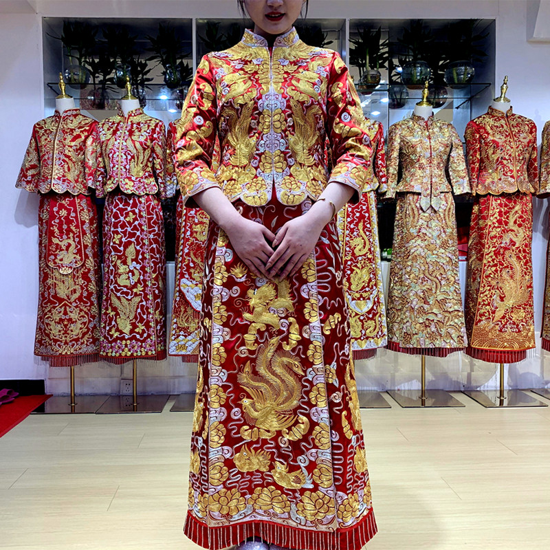 龙凤褂新娘新款中式新娘服小个子裙褂修身显瘦金色中式嫁衣定制