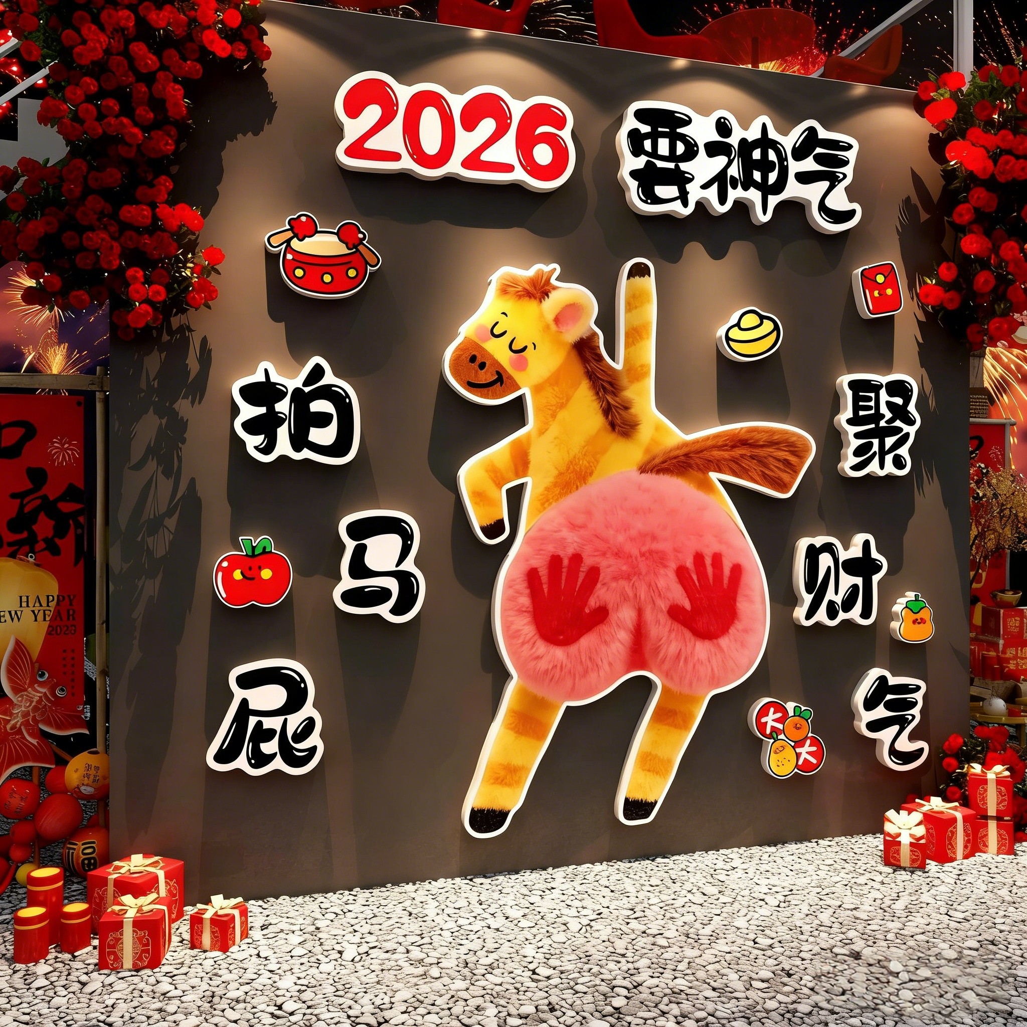 新年装饰2026网红打卡拍照区布置摸马头屁墙面氛围布置快乐贴造景,家居饰品,文化墙贴,淘宝优惠券,粉丝福利购,淘宝优惠卷