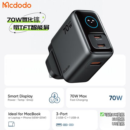 MCDODO港澳PD70W充电器GaN Charger氮化镓多口UK英美欧规适用三星超级快充ipad手机ip17笔记本电脑ai数显插头