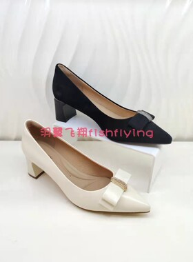 哈森专柜正品断码春秋季粗方跟尖头羊反绒通勤白色女单鞋HS227138