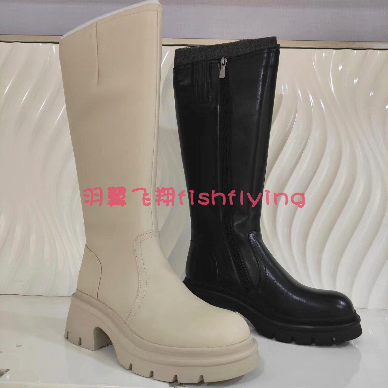 KA242001卡迪娜专柜正品2024冬季新款方跟厚底米白色女皮靴高筒靴