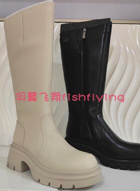 KA242001卡迪娜专柜正品2024冬季新款方跟厚底米白色女皮靴高筒靴