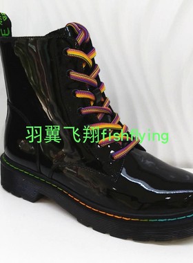 卡迪娜专柜正品断码彩色绑带厚底酒红色牛漆皮女马丁短靴KLA01513