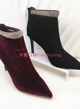 卡迪娜专柜正品2022冬靴新细高跟钻带酒红色女短靴单靴子KA222917
