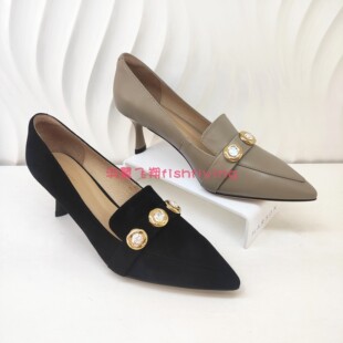 哈森专柜正品断码细高跟翻皮卡其色宝石扣尖头中口女单鞋HL226008