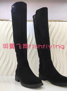 专柜正品卡迪娜断码弹力拼接粗方跟翻皮过膝靴加绒女棉靴KA11552
