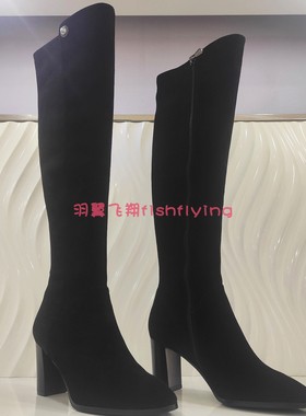 卡迪娜专柜正品断码女高筒过膝长靴粗高跟尖头羊反绒时尚KA12931