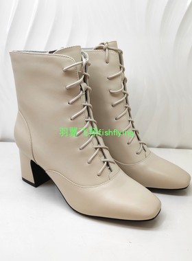 卡迪娜专柜正品2020冬新款圆头粗高跟系带舒适通勤女短靴KA01557