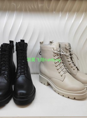 卡迪娜专柜正品断码冬靴米白色低方跟圆头厚底女马丁靴棉KA01585