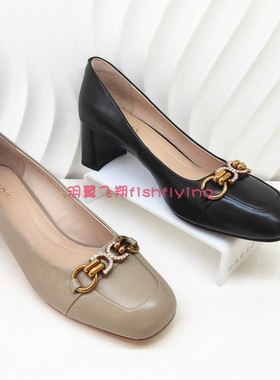 卡迪娜专柜正品2022秋新款粗方跟方头豆沙色浅口女单鞋KL221602