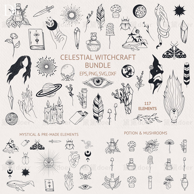 117PNG神秘女巫术水晶植物天体线条手绘剪贴画EPS矢量设计SVG素材