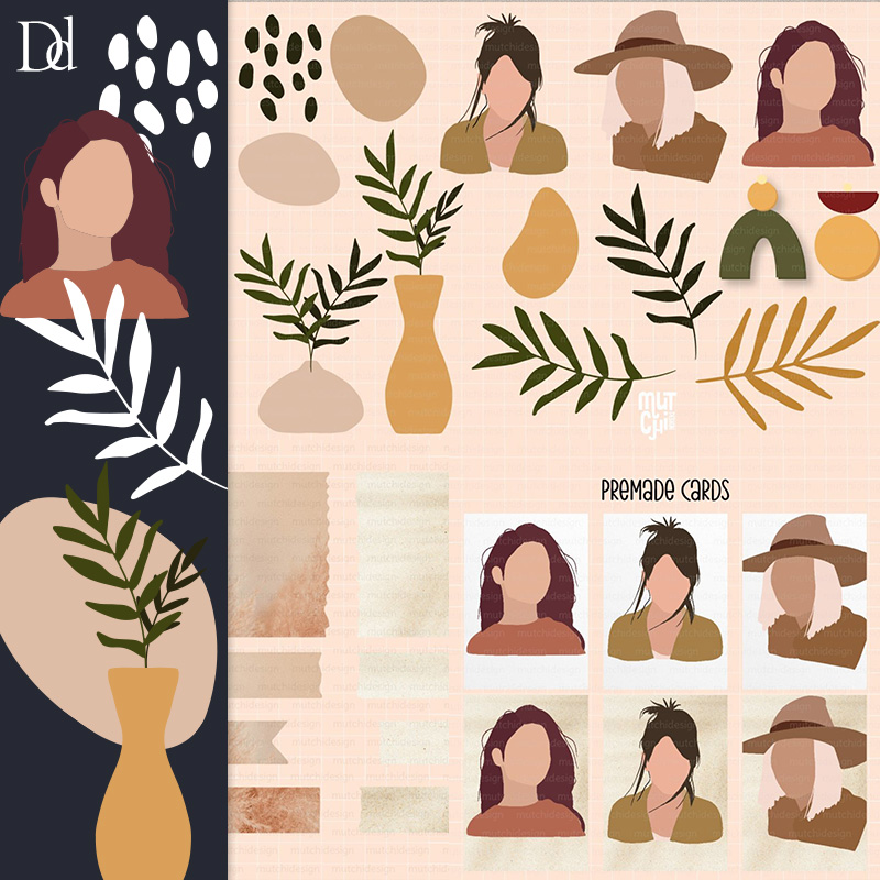 现代抽象手绘女性肖像树叶枝条花瓶剪贴画AI矢量图设计PNG素材SVG