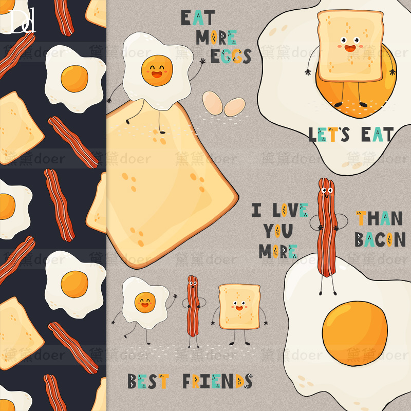 手绘可爱卡通表情煎蛋面包片热狗插图AI矢量无缝PNG设计素材SVG